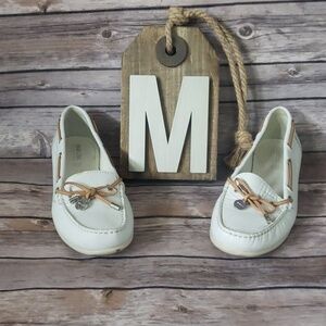 Geox Respira white Italian leather boat shoes with silver disc accent